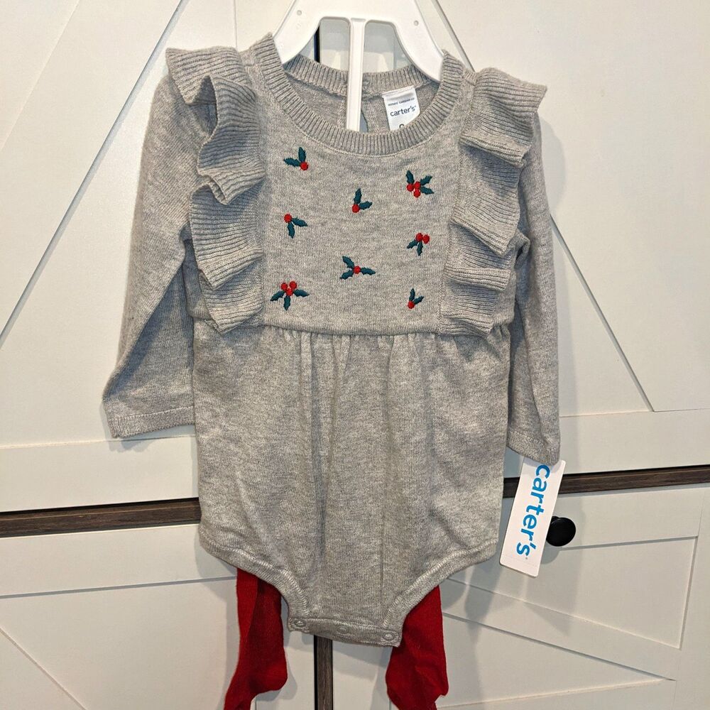 NWT Carter's Baby Girl 9M Holly Sweater Bodysuit Tights Christmas Set 2pc